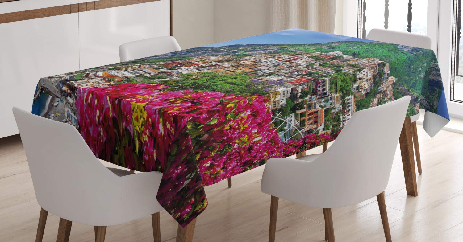 ABAKUHAUS Italy Tablecloth, Scenic View of Positano Amalfi Naples Blooming Flowers Coastal Village Image, Dining Room Kitchen Table Cover, 54" x 78", Green Blue Pink