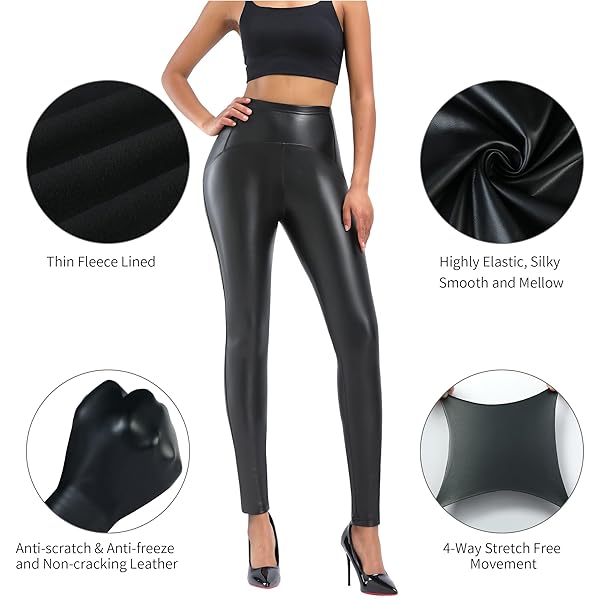 CHINENSIS BLACK LEATHER PANTS FOR WOMEN FLEECE LINED FAUX LEATHER LEGGINGS TUMMY CONTROL SHINY PLEATHER LEGGINGS SEXY
