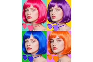 FSLLZCJY Women’s Bob Wigs with Sunglasses for Costume Party Cosplay Short Neon Colored Wigs Synthetic Hair Colorful Wigs for Bachelorette Party Halloween Christmas