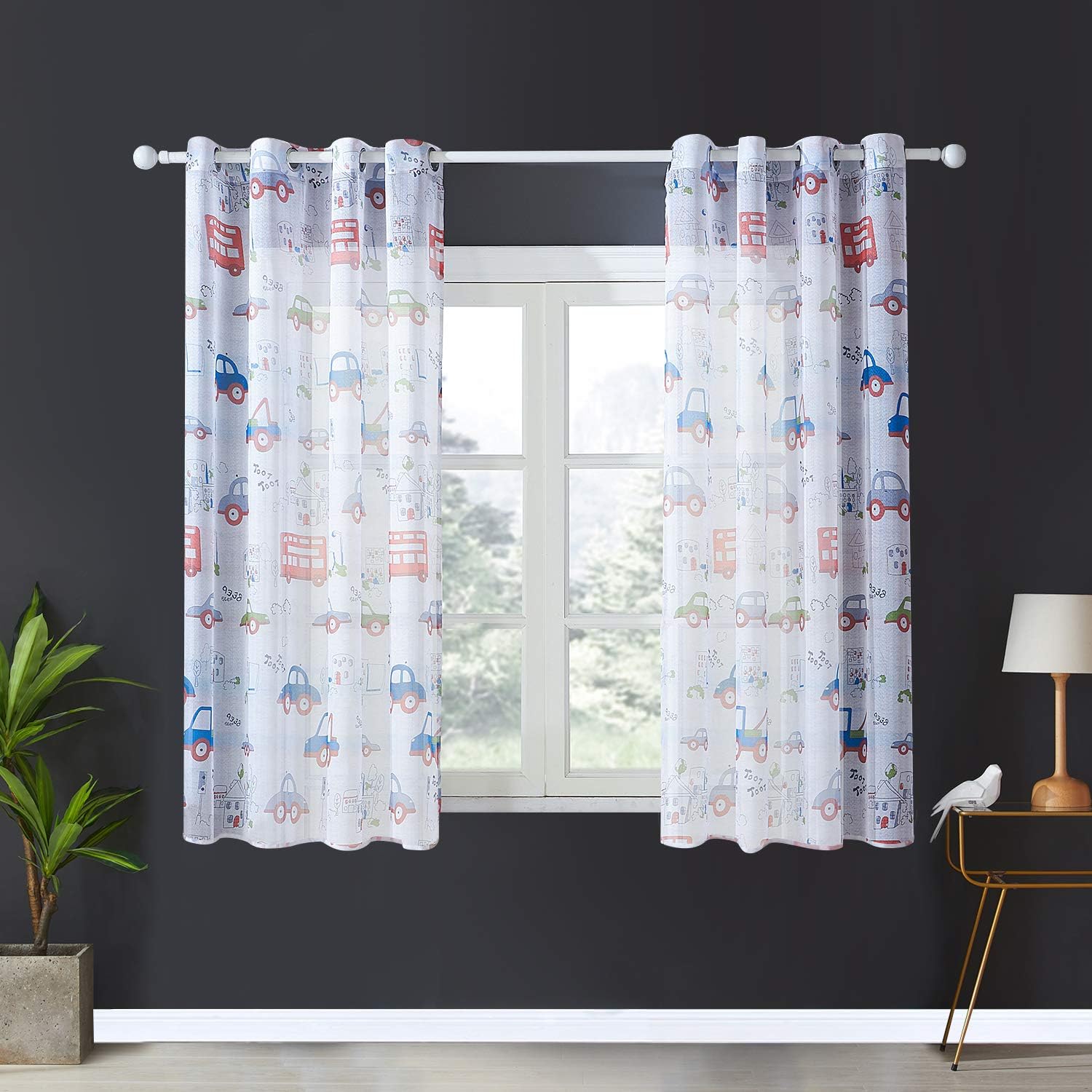 Topfinel Faux Linen Semi Voile Eyelet Printed Kids Curtains for