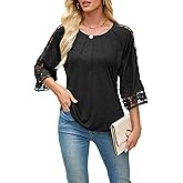 Quatrefox Womens Tops Lace 3/4 Length Sleeve Blouses Dressy Casual Summer Fall Outfits Crew Neck T Shirts