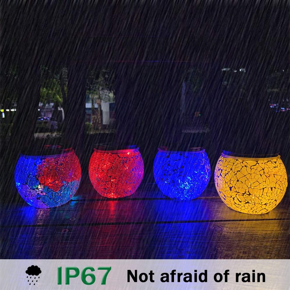 Nurluce 4 Pack Battery Operated Outdoor Tabletop Lanterns 10 LED Outdoor Garden Mosaic Glass Decorative Lanterns Cracked Glass Waterproof Table Lamp Waterproof Mood Lights for Patio Garland Garden - - 