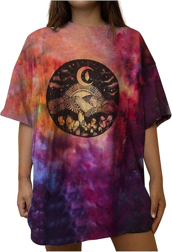Rising Sun Moon TShirt for Womens Embrace Girl Moon Tie Dye Print Short Sleeve Tunic Tops