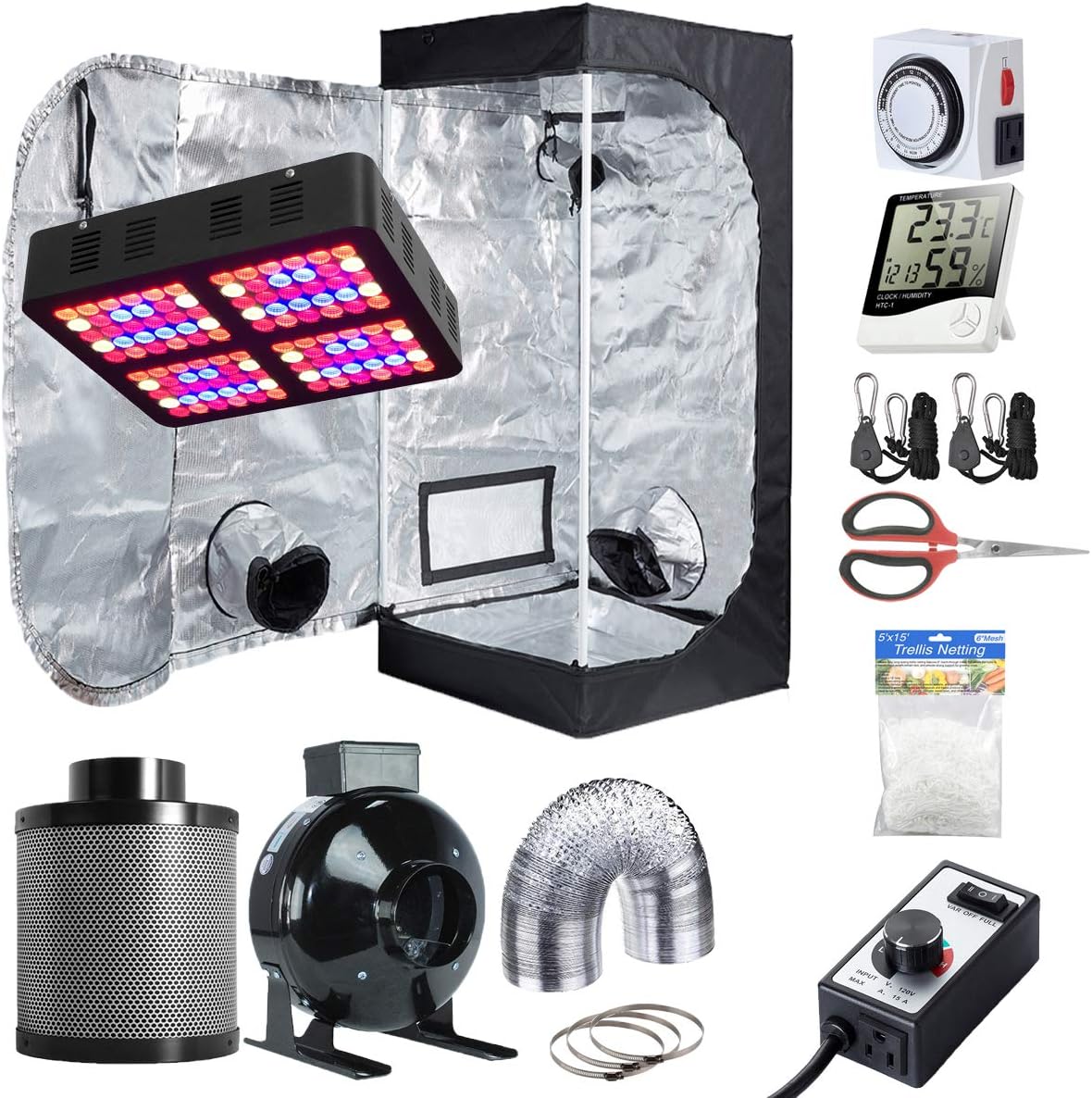 Hydro Plus Grow Tent Complete Kit LED 600W Grow Light + 4" Filter Fan Kit + 24"x24"x48" Grow Tent Room + Hydroponic Indoor Plants Growing System Accessories (24"x24"x48" Kit1)
