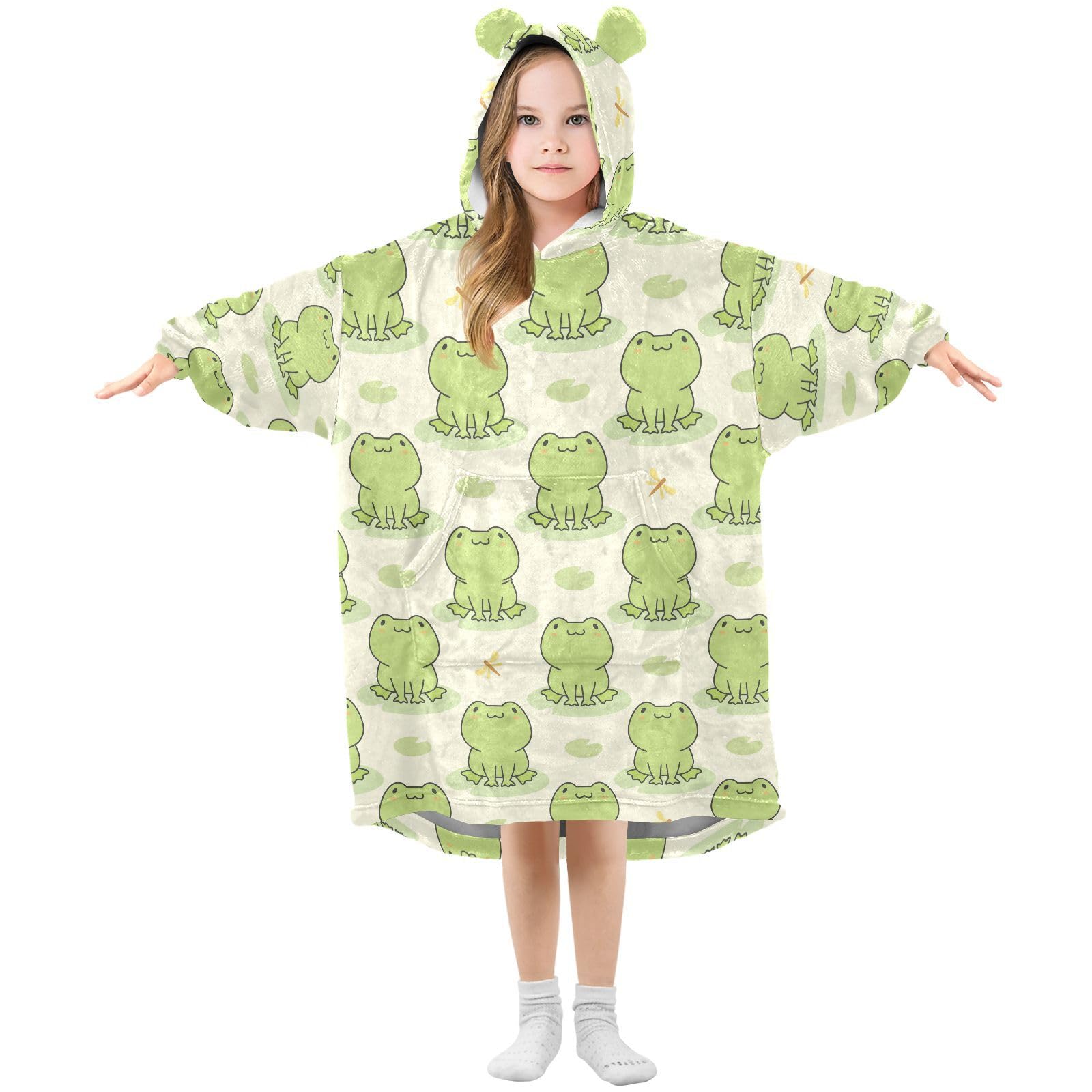 Oversized Blanket Hoodie for Kids Adult Girls Boys, Fleece Hoodie Blanket Cute Frog Super Warm Plush Wearable Blanket Hoodie Sweatshirt with Roomy Pocket, Large