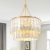Weibath Modern 5-Light Shell Chandelier, 2-Tiered Faceted Pendant Light with Gold Metal Frame, E26 Lighting Fixture for Dinin