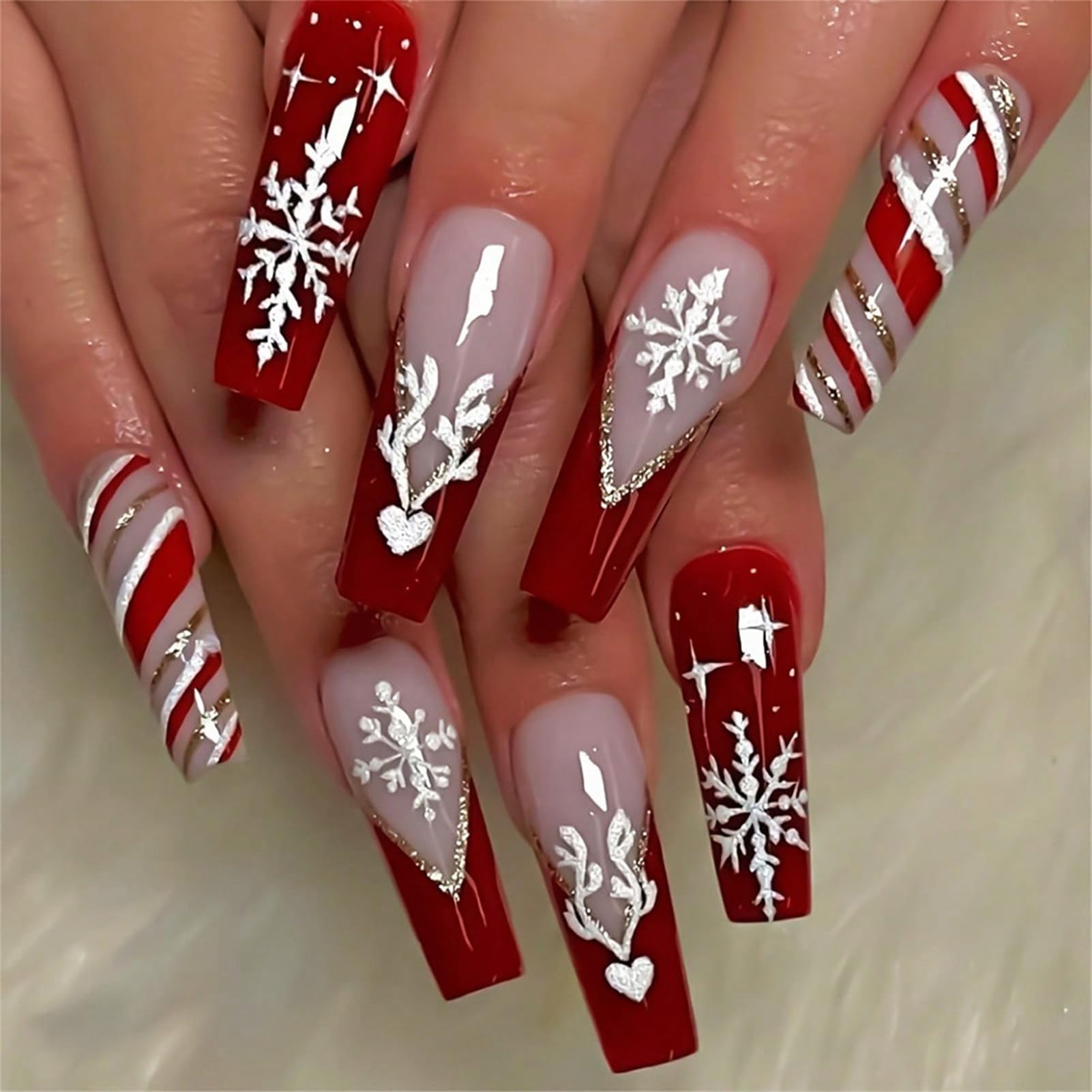 NICENEEDED 24 Pcs Christmas French Press on Nails, Long Square Fake Nails with Snowflake Design, Red and White Coffin False Nails Xmas Manicure Acrylic Nail Full Cover Artificial Nail for Women