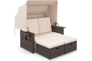 Tangkula Outdoor Rattan Daybed with Retractable Canopy & 4-Position Adjustable Backrests, 2 Folding Side Tables & 2 Storage Ottomans, Cushioned 2-Person Sunbed Lounger for Garden, Backyard, Poolside