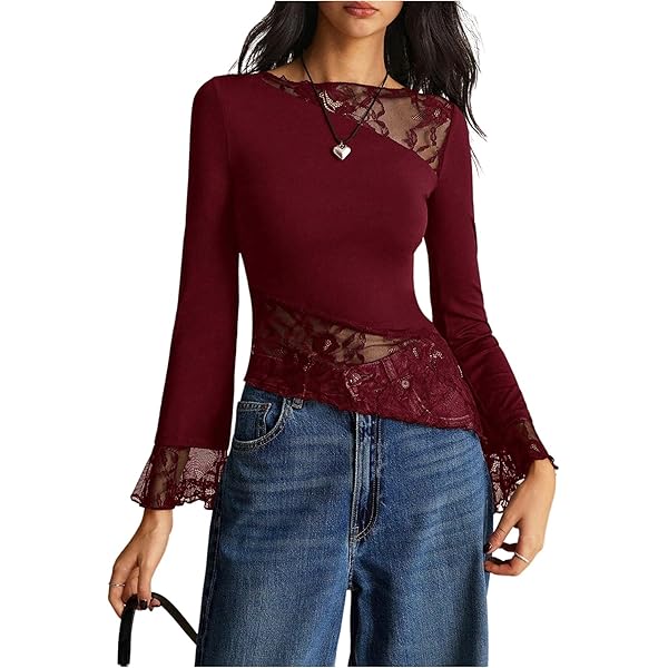Amazon.com: Naileksi Women Patchwork Sheer Lace Top Sexy Long