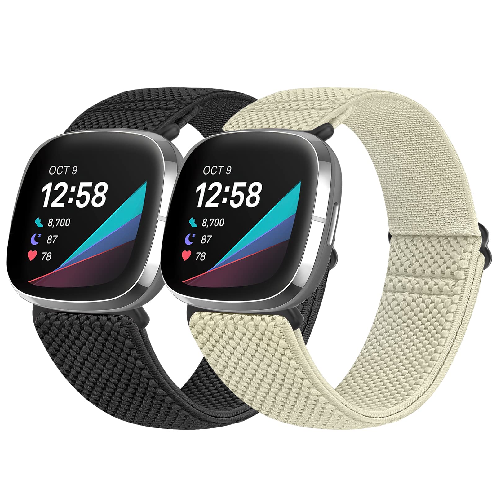 Vodtian Elastic Nylon Loop Straps Compatible with Fitbit Sense 2/Fitbit Sense/Fitbit Versa 4/Fitbit Versa 3 Strap, Adjustable Soft Stretchy Sport Braided Replacement Wristband for Men Women, 2 Pack