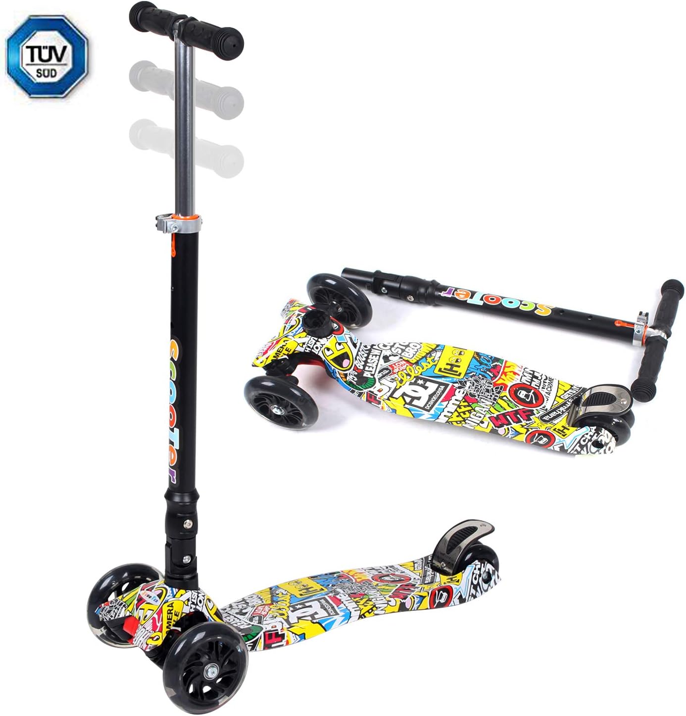 Folding Kick Scooter for Kids Scooter for Girls Boys 3 Wheel Scooter with PU Flashing Wheels Foldable Adjustable Handlebar Height Kick Lightweight Construction for Boys and Girls Age 3-8 (Graffiti)