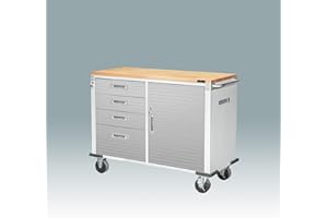 BLACKCOMB Rolling Workbench Cabinet, 48" w x 20" d x 37.5" h, Butcher Block Top, Granite, Power Strip, Lockable Storage, Whee