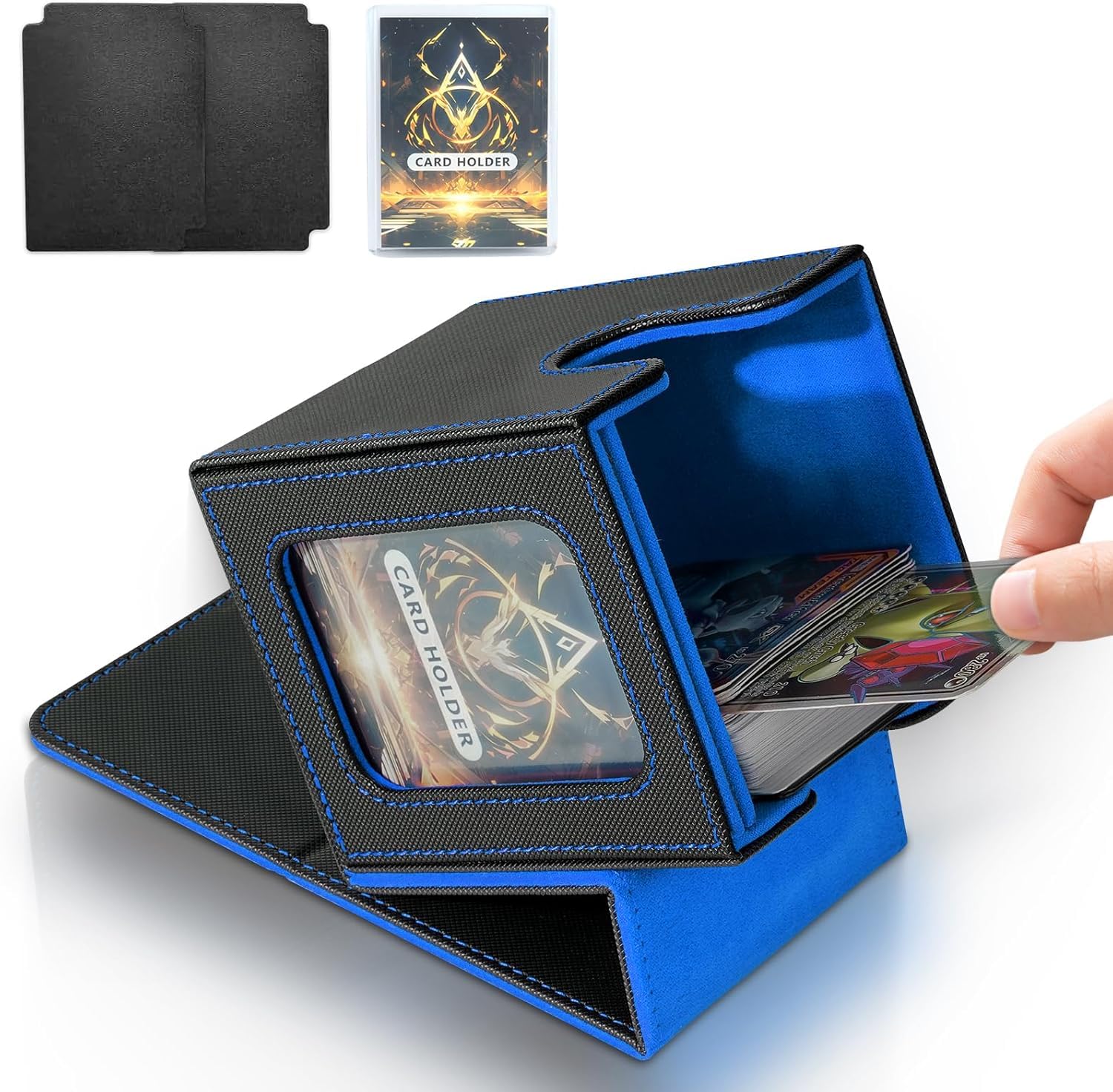 IVODEELA Card Deck Box for MTG Commander,Magnetic Card Display Case with two Dividers,TCG Card Storage Box,PU Leather Trading Card Storage Box Holds 100 Double-Sleeved Cards,Black Blue