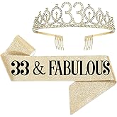 UVATAHONA 33rd Birthday Sash and Tiara for Women, 33 & Fabulous Birthday Sash and Crown for Party Favors Supplies and Decorations, Gold
