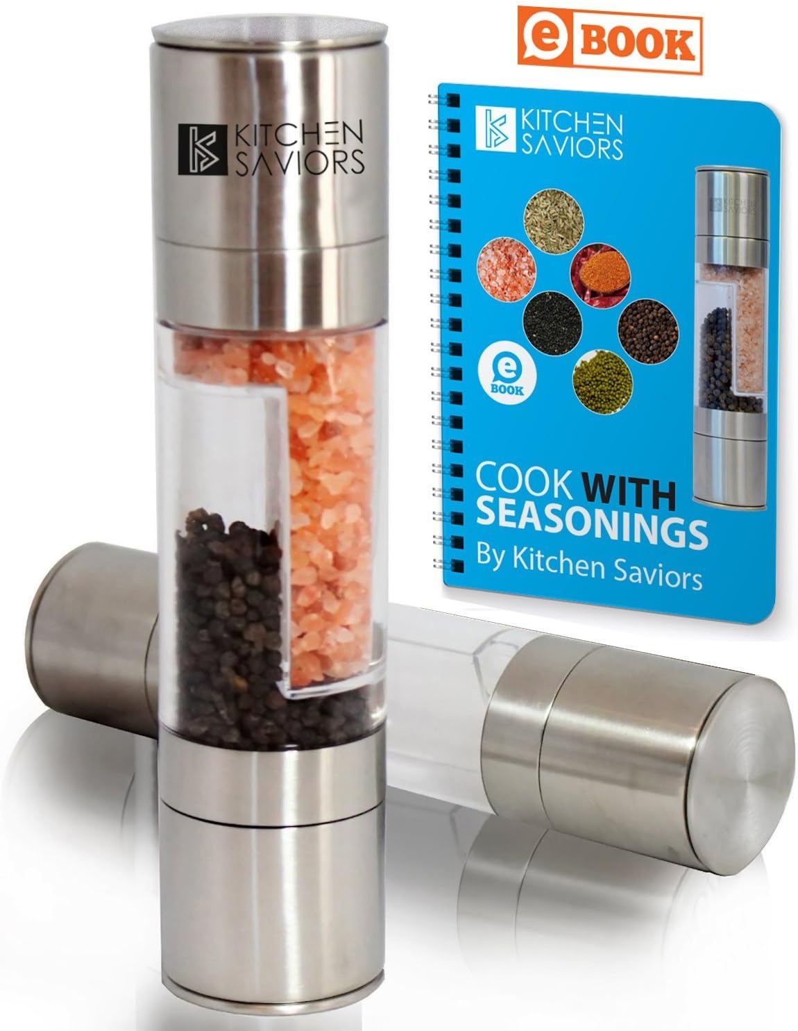 Salt and Pepper Grinder Set - Stainless Steel with Recipe eBook & Guide - Pure Ceramic Grinders 2 in 1 Dual Mill - by Kitchen Saviors