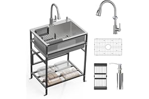 FAUENPEEY Utility Sink, 25x18 Inch Stainless Steel Freestanding Laundry Sink Practicality With Accessories-Kitchen Faucet,Soap Dispenser, SS Sink Grid, Colander For Laundry,Garage,Outdoor Kitchen,Garden...