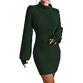 Turtleneck Sweater Dress for Women Lantern Sleeve Bodycon Pullover Mini Sweater Dress Stretchable Elasticity Slim