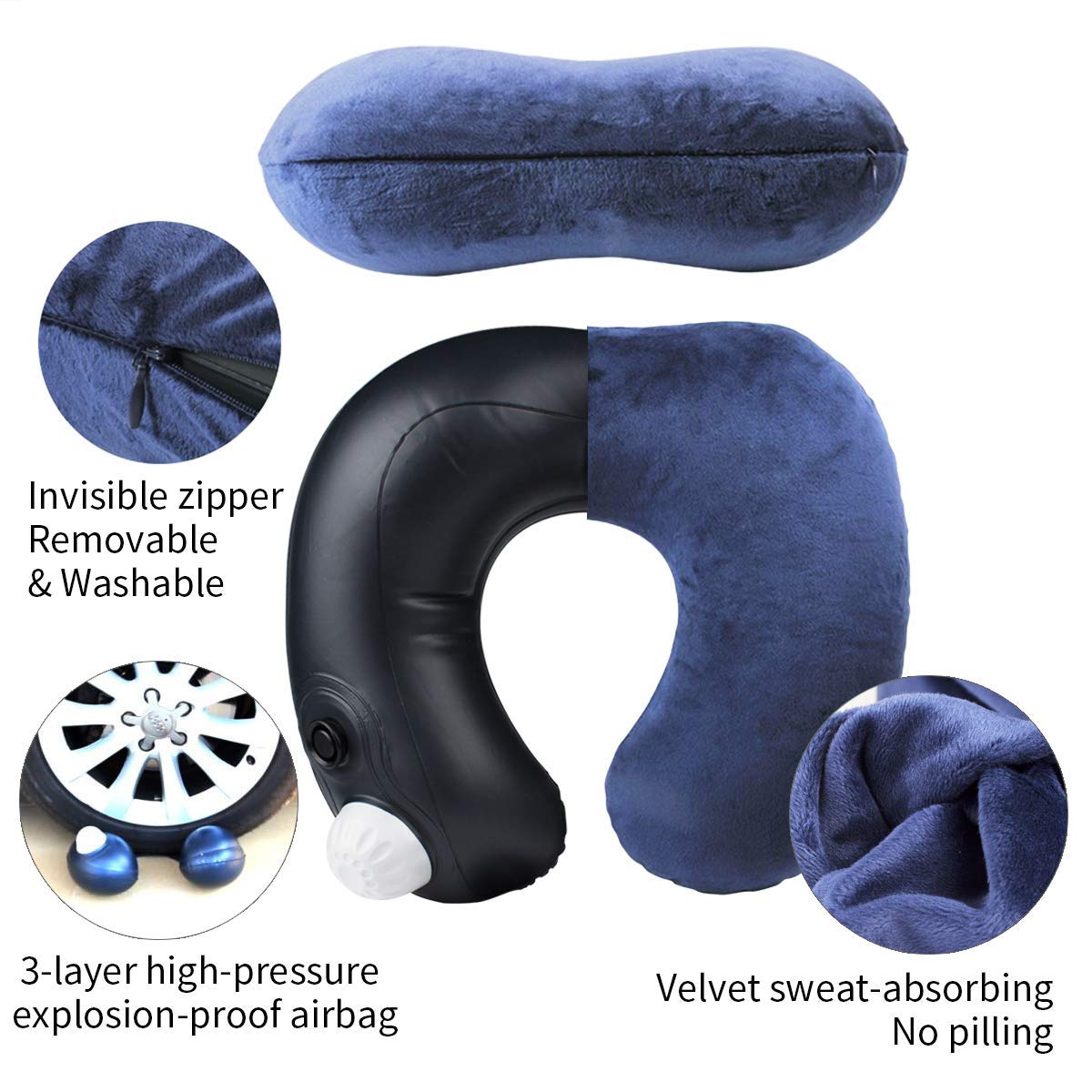 Morpilot Almohada de Viaje Inflable, Almohada Cervical en Forma de U, Almohada Ortopédica, Soporte de Cuello con Cervicacon Funda de Terciopelo Suave, Máscaras para Aviones y Autobús