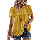 Falechay Womens Summer Tops Crewneck Short Sleeve Shirts Casual Chiffon Blouses Flowy Lace Hem Boho Clothing Trendy 2026