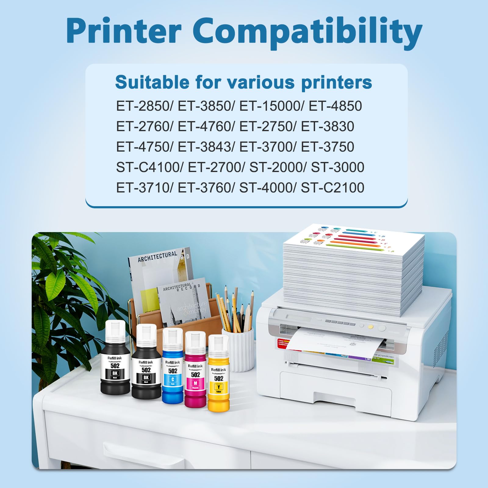 DEEIYUER 502 Ink Refill Bottles ET-2850 ET-3850 ET-4850 ET-15000 502 Ink Compatible for ET 2850 ET 3850 ET-4760 ET-2760 ET-3830 ET 4850 ET 15000 ET-3843 ET-2980 ET-3950 4950 3750 Printer