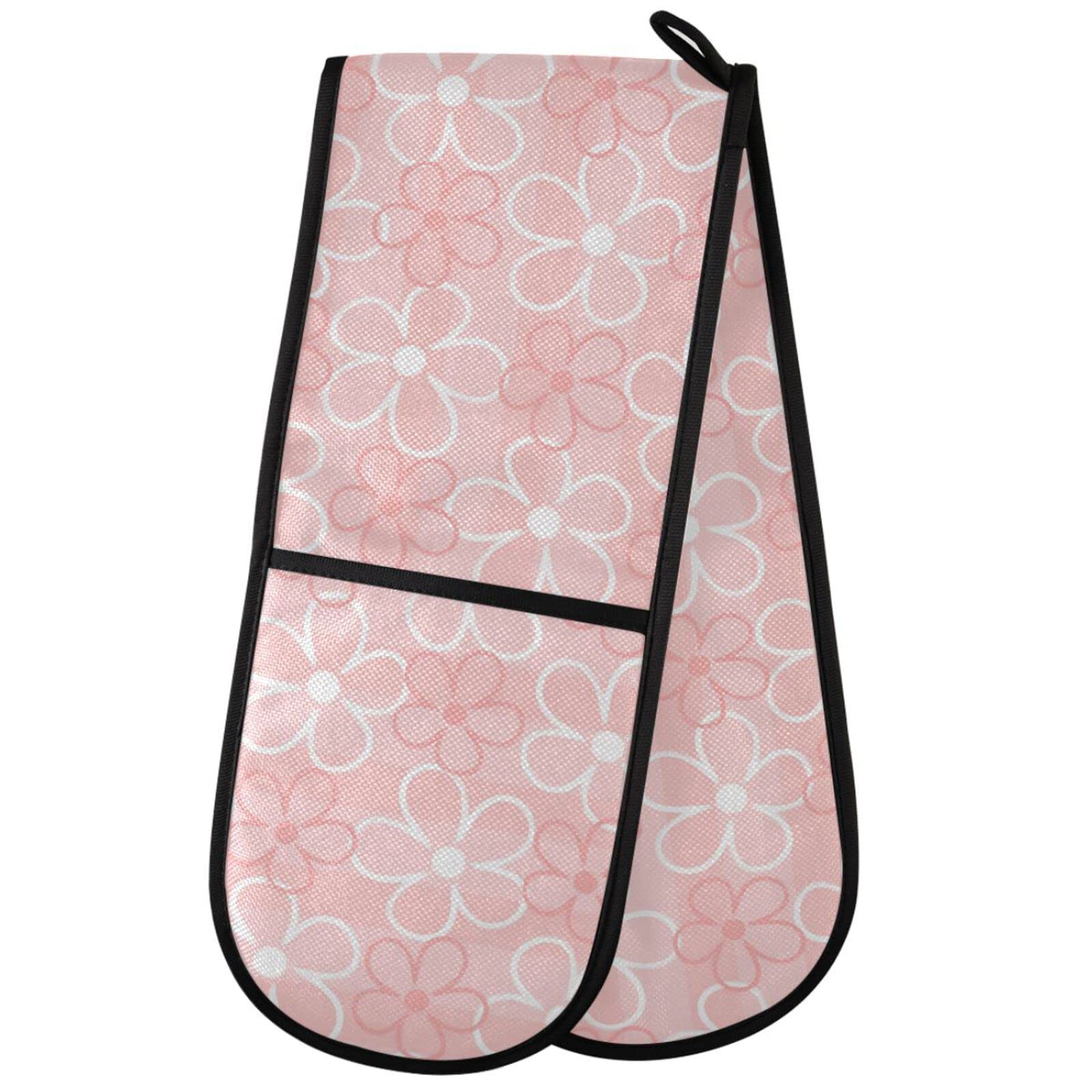 ZZXXB Lovely Pink Flowers Double Oven Mitt Heat Resistant Non-Slip Kitchen Gloves Extra Long 7" x 35" for Cooking Baking Barbecue Grilling