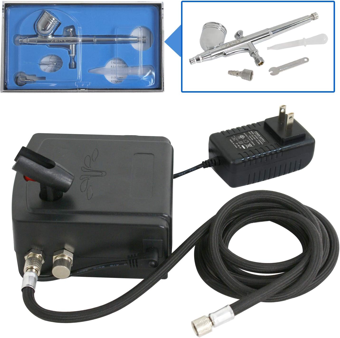 JupiterForce Portable Mini Airbrush Air Compressor Kit Beginner Starter System, Dual Action Airbrush Set for Crafts, Nail Art, Auto Graphics, Temporary Tattoos, Cake Decorating