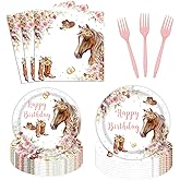 96pcs Cowgirl Horse Birthday Party Tableware Set Decorations Western Horse Plates Napkins Girl Saddle Up Horse Happy Birthday Party Supplies Serves 24 Guests
