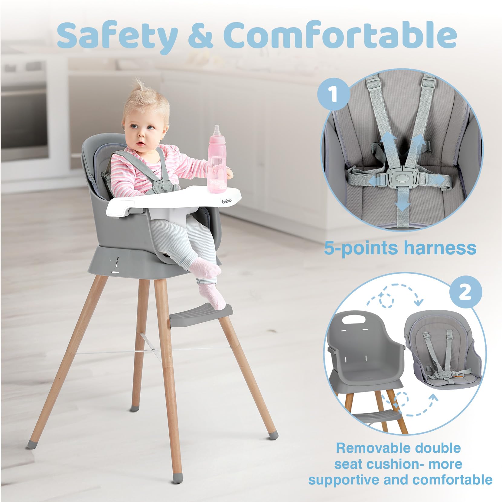 Ezebaby 6 in 1 Wooden High Chairs for Babies and Toddlers, Convertible Portable High Chair, Booster Seat for Dining Table,Toddlers Chair with Adjustable Legs & Dishwasher Safe Tray