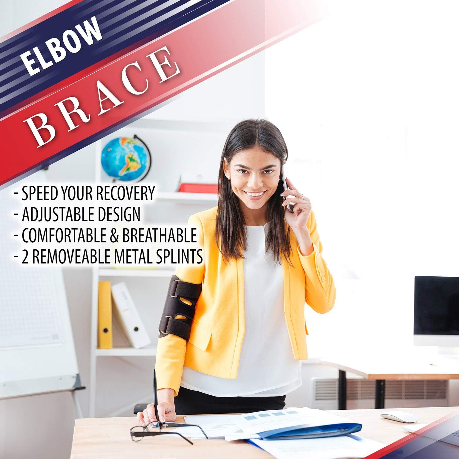 Elbow Brace for Comfortable Elbow Support - Adjustable Stabilizer to Keep Your Elbow Immobilized & Your Arm Straight with Two Removable Metal Splints Great Night Elbow Splint for Sleeping (Fits Most): Health & Personal Care