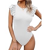 Missufe Women's Round Neck Ruffle Flutter Sleeve Slim Fit Ribbed Knit Casual Summer Bodysuit Tops