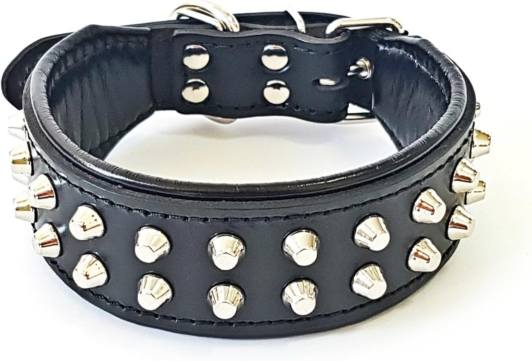 Bestia "Rocky Studded Dog Collar. Hand Made. French Bulldog to German Shepherd, 1 or 2 inch Wide, 100% Leather, Soft Padded, 7 Sizes, Made in Europe