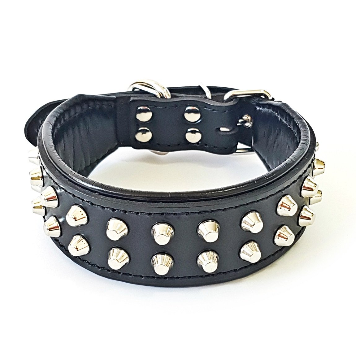 Bestia "Rocky studded dog collar. Hand made. french bulldog to german shepherd, 1 or 2 inch wide, 100% leather, soft padded, 7 sizes, Made in Europe