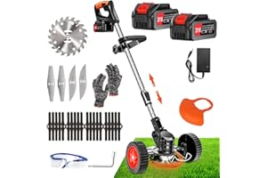TUCSSARG Electric Weed Wacker Cordless Eater Battery Powered 21V Stringless Weed Trimmer with 2pcs 4.0Ah Batteries and Charger, 3 in 1 Grass Trimmer/Lawn Edger/Brush Cutter 3 Types Blade for Lawn Yard Garden