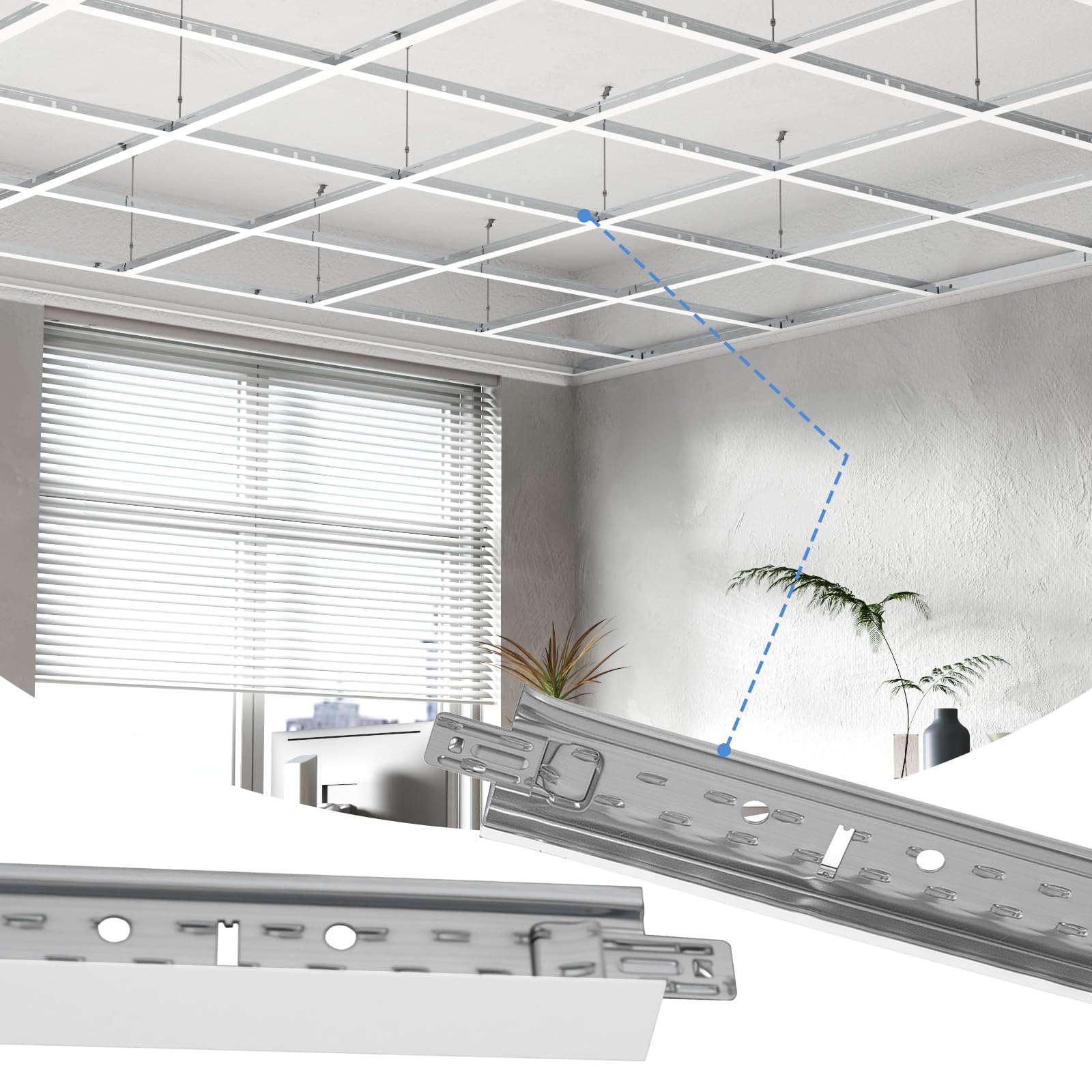 Photo 1 of LooYee 25 PCS 144 Inch Main Beam Cross Tee Drop Ceiling Grid System, 12 Ft Galvanized Steel Rust & Fire Resistance, Ideal for Basement Living Room Garage Kitchen Bathroom White