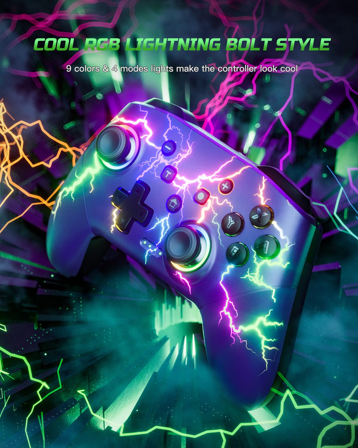 VOYEE Switch Controllers Compatible with Switch/Lite/OLED/PC Windows, 1000mAh Programmable RGB Lightning LED, Wireless Pro Controller with One Key Pairing/Wake Up/Turbo/Vibration Blue