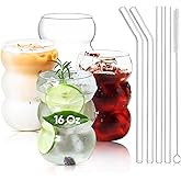 4 Pack 16 oz Ribbed Drinking Glasses with Cleaning Brush - Cute Aesthetic Cups for Coffee, Whiskey, Tea & More.