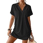 Bsubseach Swimsuit Coverup for Women V Neck Bathing Suit Cover Up Short Sleeve Bikini Dress Shirt with Pockets