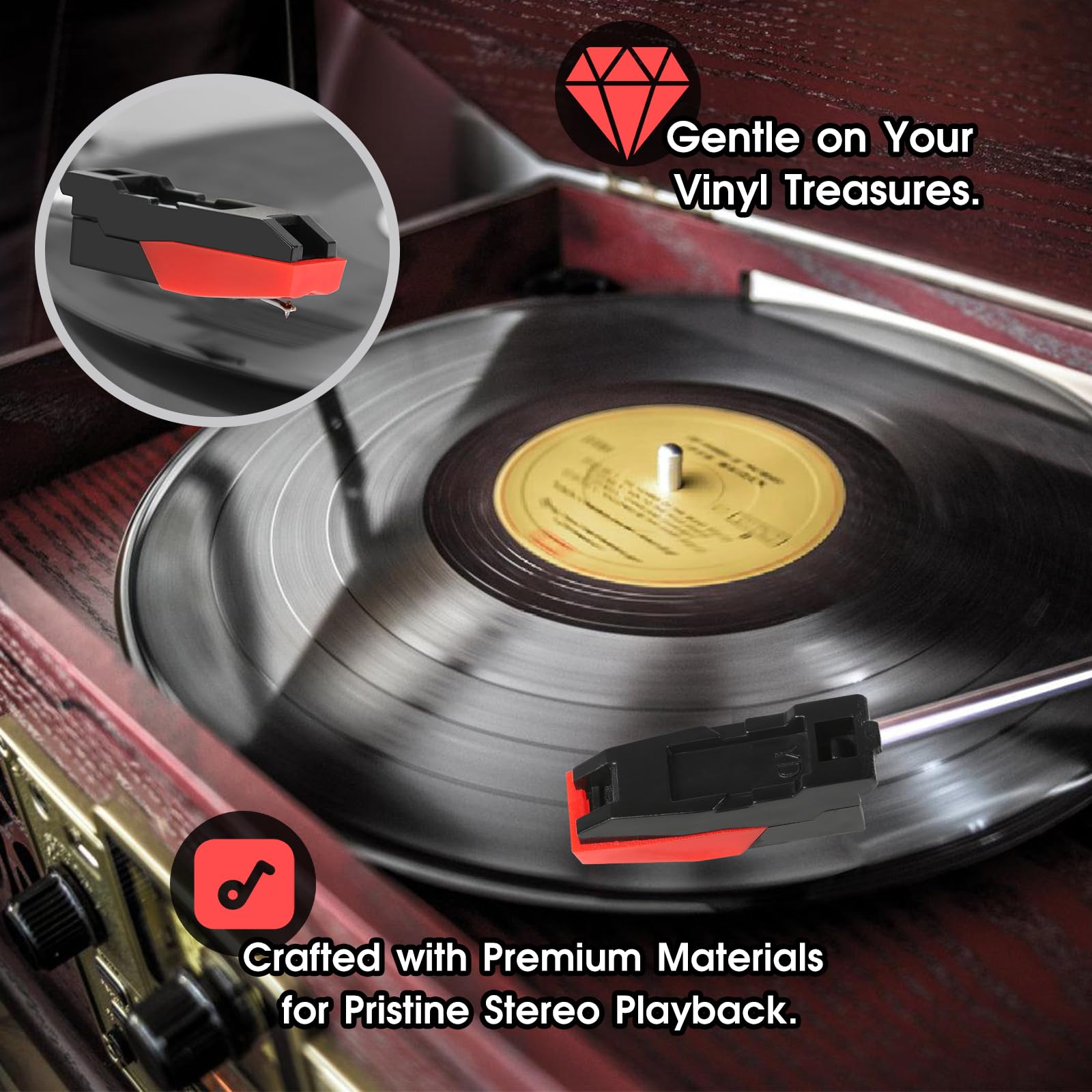 1 Cartridge with 4 Record Player Needles Replacement – Diamond Stylus for Crosley, ION, Victrola, LP Vinyl Player – Easy Install Turntable Parts Kit