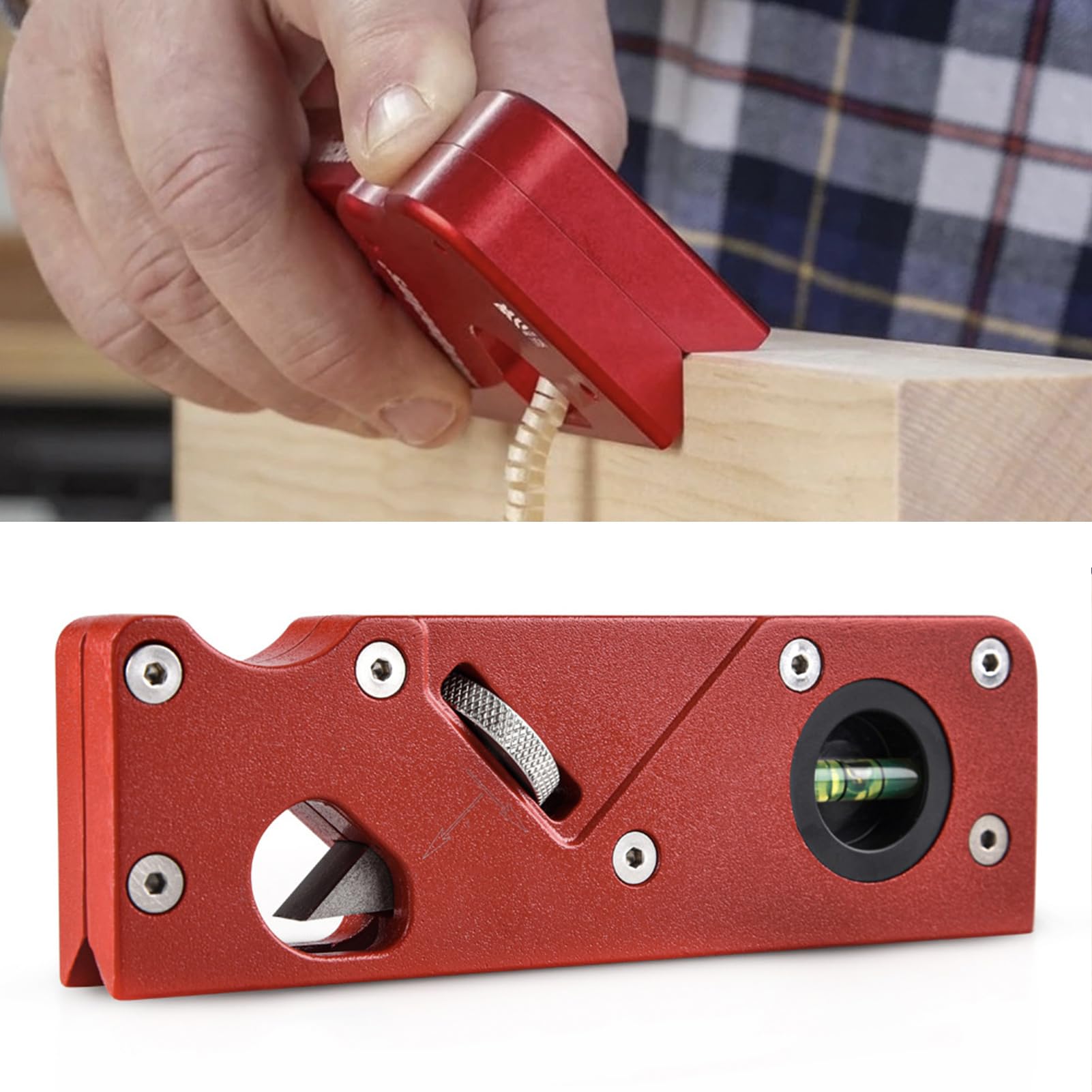 Multifunction Woodworking Plane, 45 Degree Chamfer Plane 1/8" 3/16" 1/4" Radius Contours Edge Trimming Planer Manual Bevel Planer with Bubble Level, for Woodworkers(Red)