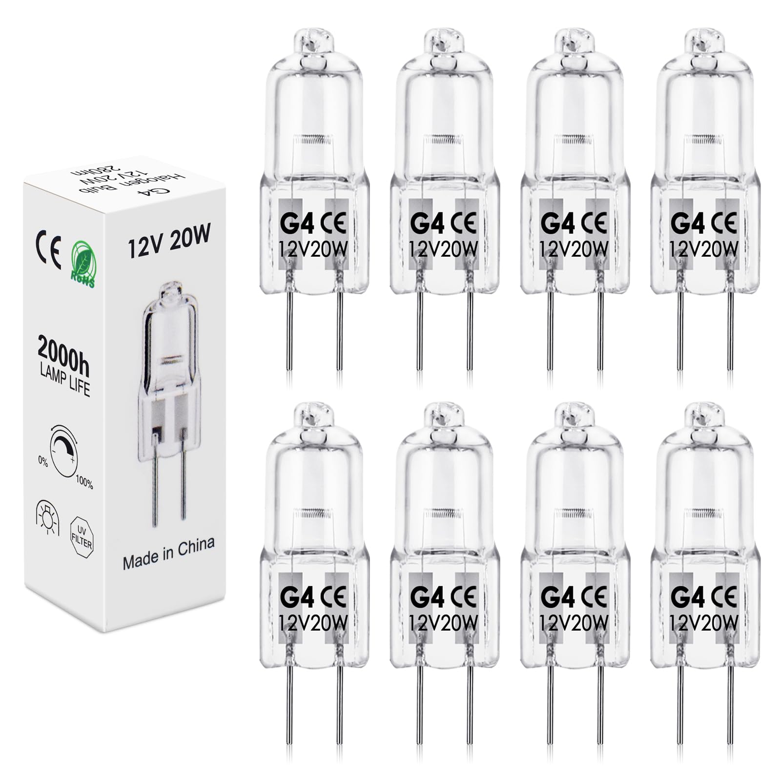 BROTOU G4 Halogen Bulbs, 20W 12V 300LM 2800K Warm White 2 Pin Clear Capsule Lamp Bulbs, Dimmable (8)