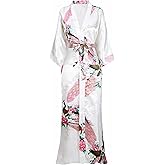 BABEYOND Women's Kimono Robe Long Satin Robes with Peacock and Blossoms Printed Kimono Nightgown