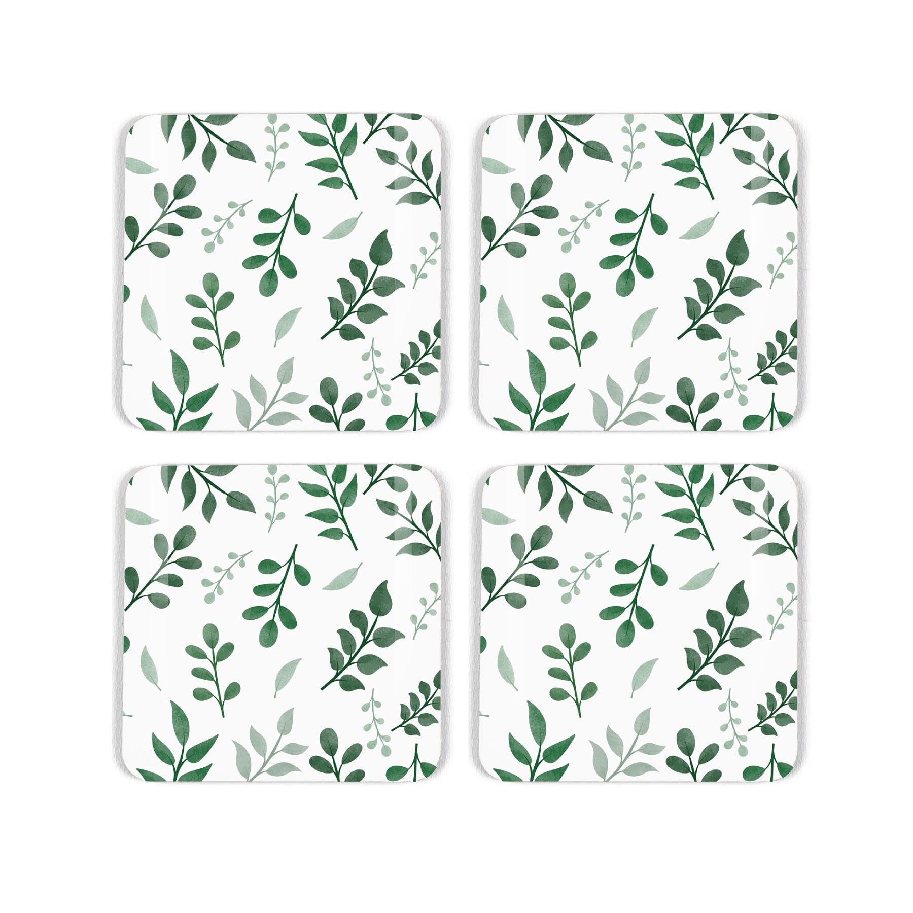 Green Leaves Coaster Set - Foliage Nature Gift - Set of Four (4) Square Drinks Coasters