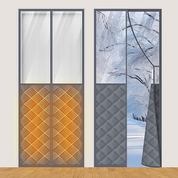 FANFANWIN 2 SETS MAGNETIC THERMAL INSULATED CURTAINS FOR 30″ X 80″ DOORS WITH CLEAR WINDOW WINTER THICKEN QUILTED OXFORD COTTON WATERPROOF DOOR COVER FOR COLD WEATHER(GRID, TRANSPARENT GRAY)