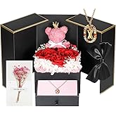 Valentine Gifts for Women Mom Girlfriend Wife Preserved Forever Flowers Roses Bear with 18K Gold Plated Necklace X, Eternal Flowers Rose Anniversary Birthday Gifts for Her Mother from Daughter