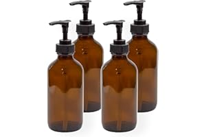 Cornucopia Brands 8oz Glass Pump Bottles (Pack of 4, Amber Brown) Lotion Soap Dispensers w/Black Plastic Pumps