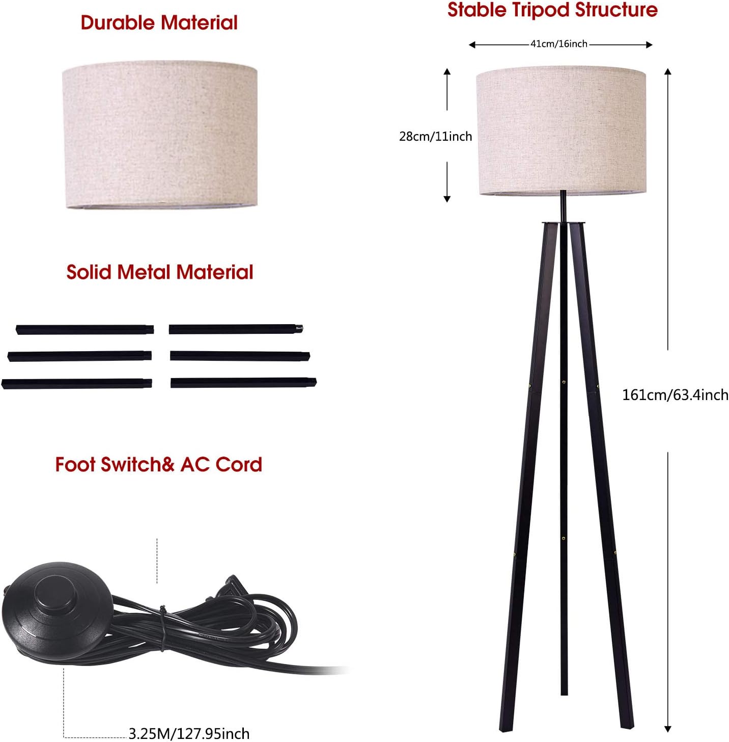 Floor Lamp Standing Lamp, Black Tripod Floor Light, Modern Design Studying Light for Living Room, Bedroom, Study Room and Office, Flaxen Lamp Shade with E26 Lamp Base - - 