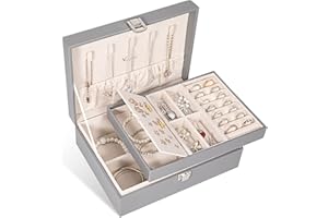 Voova Jewelry Box Organizer for Women Girls, 2 Layer Large Men Storage Case, PU Leather Display Jewellery Holder with Removable Tray for Necklace Earrings Rings Bracelets, Vintage Gift,Grey