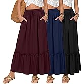 Ficerd 3 Pack Women's Boho Maxi Skirts, Long Tiered Skirt Flowy Ruffle High Waist Drawsting Casual Dress with Pockets