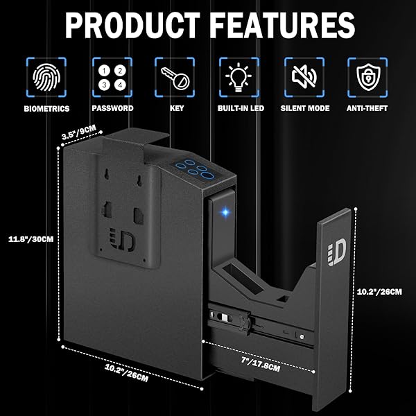 URBAN DECO BIOMETRIC GUN SAFE FOR HANDGUN WITH QUICK ACCESS SLIDING DOOR PISTOL SAFES MOUNTED NIGHTSTAND, DESK, WALL, VEHICLE, BEDSIDE, CAR GUN SAFE BOX WITH FINGERPRINT, PIN CODE, KEY ACCESS