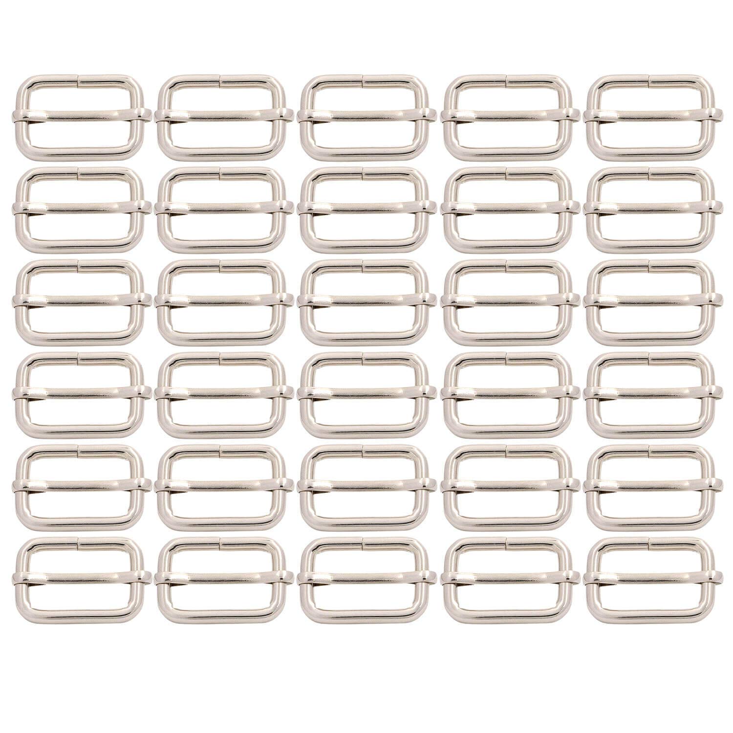 BIKICOCO Metal Slide Adjuster Buckle Tri-Glides with Movable Center Bar, for Straps, 1 x 5/8 Inch, Silver, Pack of 30